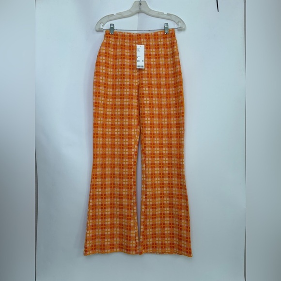NWT Urban Outfitters Orange Plaid Pull On Flare Pants - Picture 2 of 6